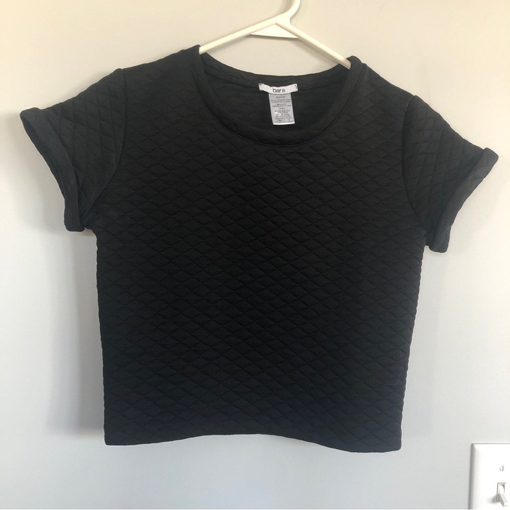 Bar III Black Crop Top with Quilted Texture and Cuffed Sleeve, Size XS